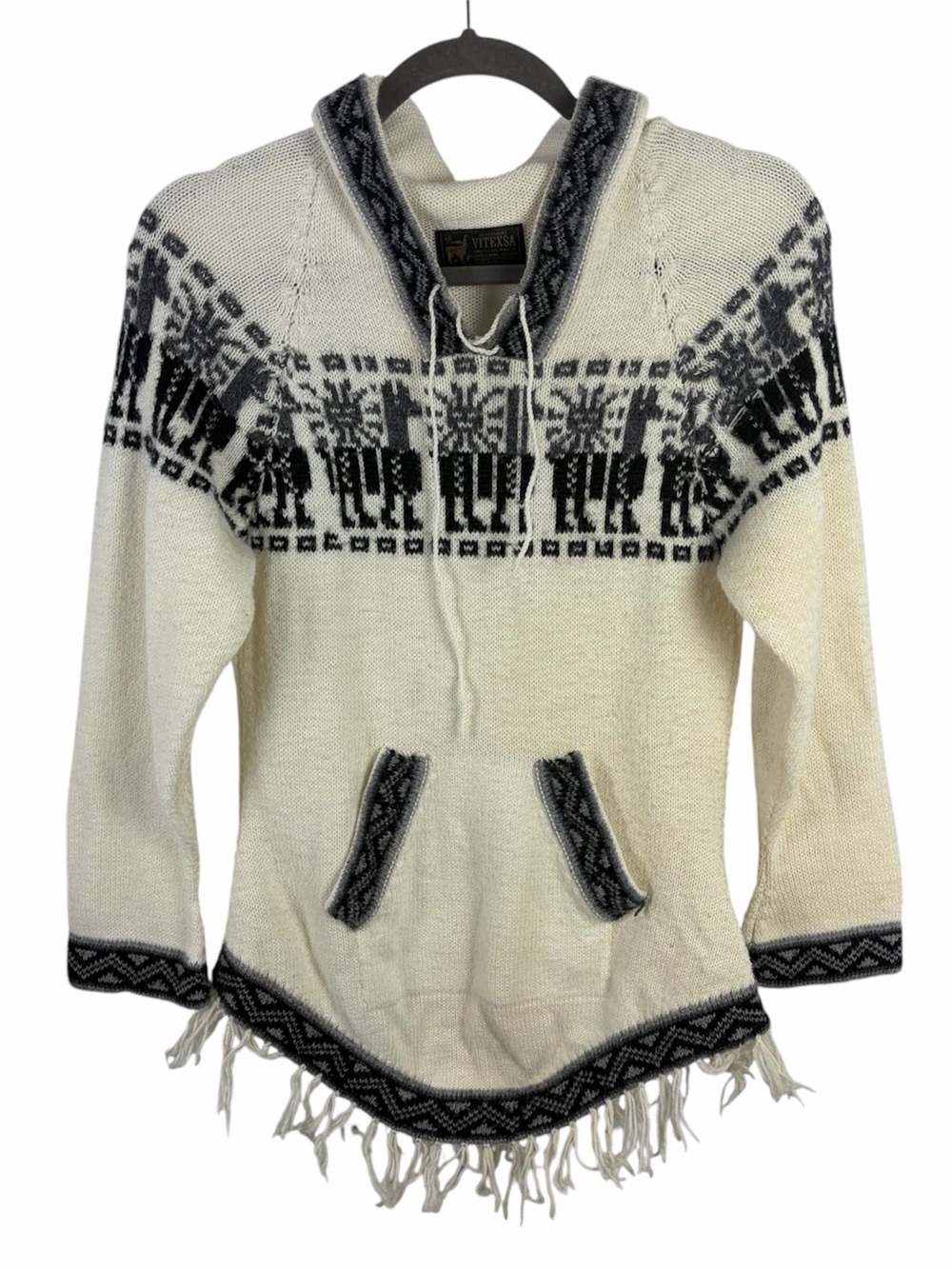 Vintage Vitexsa Peru 100% Alpaca Wool Hooded Llama Sweater Fringe Pullover Small